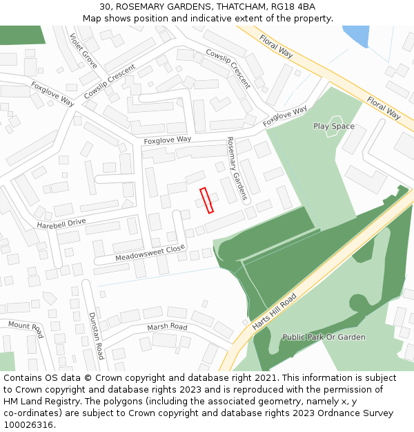 30, ROSEMARY GARDENS, THATCHAM, RG18 4BA: Location map and indicative extent of plot