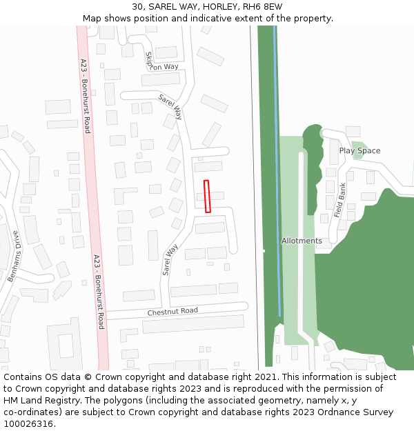 30, SAREL WAY, HORLEY, RH6 8EW: Location map and indicative extent of plot