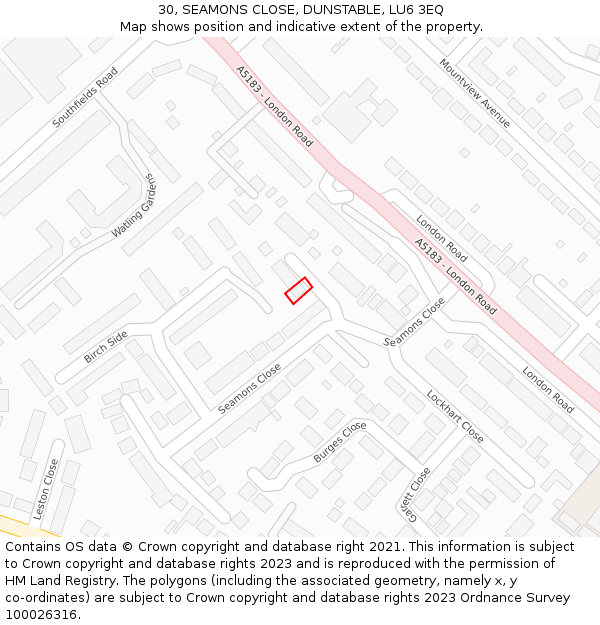 30, SEAMONS CLOSE, DUNSTABLE, LU6 3EQ: Location map and indicative extent of plot