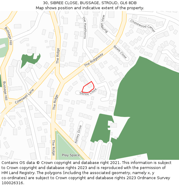 30, SIBREE CLOSE, BUSSAGE, STROUD, GL6 8DB: Location map and indicative extent of plot
