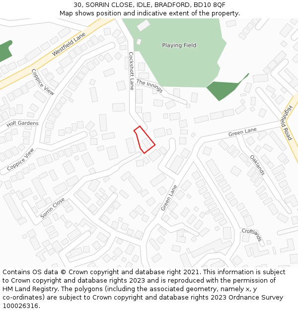 30, SORRIN CLOSE, IDLE, BRADFORD, BD10 8QF: Location map and indicative extent of plot