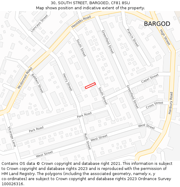 30, SOUTH STREET, BARGOED, CF81 8SU: Location map and indicative extent of plot