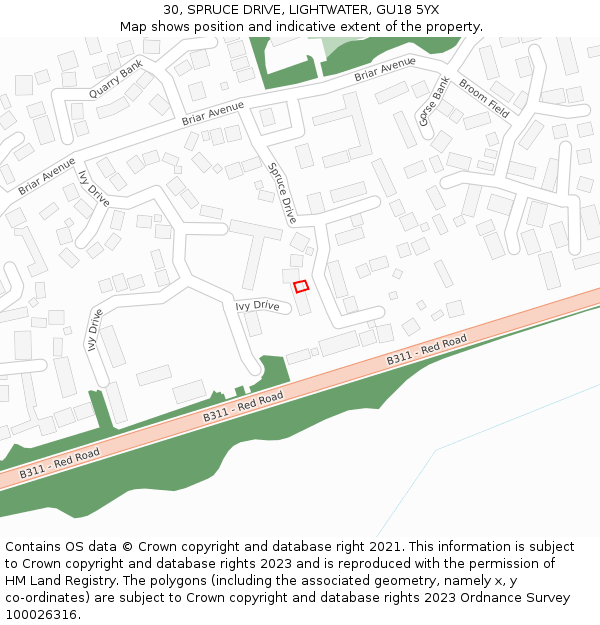 30, SPRUCE DRIVE, LIGHTWATER, GU18 5YX: Location map and indicative extent of plot