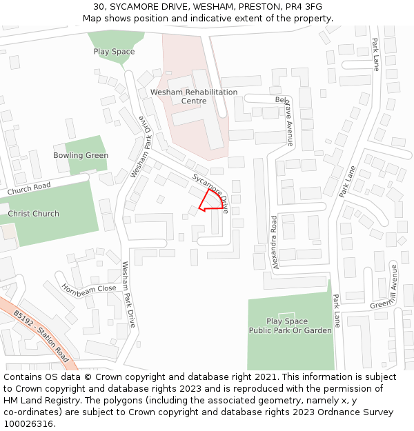 30, SYCAMORE DRIVE, WESHAM, PRESTON, PR4 3FG: Location map and indicative extent of plot
