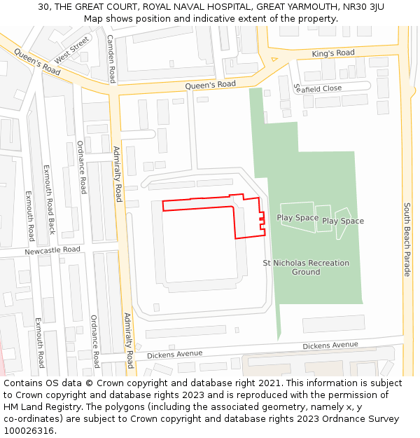 30, THE GREAT COURT, ROYAL NAVAL HOSPITAL, GREAT YARMOUTH, NR30 3JU: Location map and indicative extent of plot