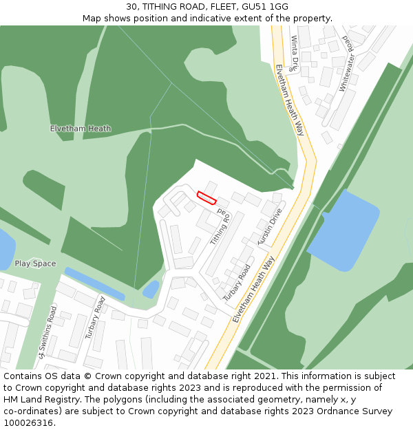30, TITHING ROAD, FLEET, GU51 1GG: Location map and indicative extent of plot