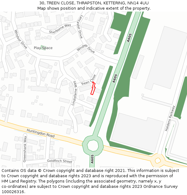 30, TREEN CLOSE, THRAPSTON, KETTERING, NN14 4UU: Location map and indicative extent of plot