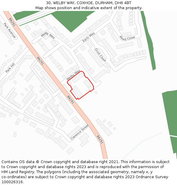 30, WELBY WAY, COXHOE, DURHAM, DH6 4BT: Location map and indicative extent of plot