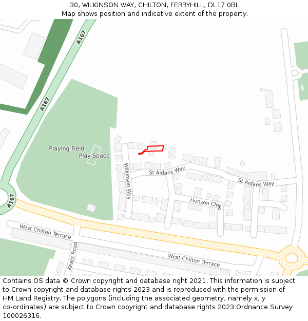 30, WILKINSON WAY, CHILTON, FERRYHILL, DL17 0BL: Location map and indicative extent of plot