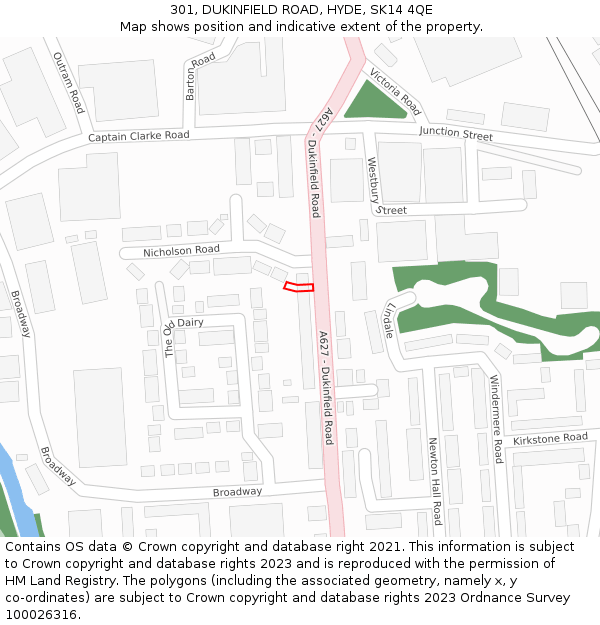 301, DUKINFIELD ROAD, HYDE, SK14 4QE: Location map and indicative extent of plot