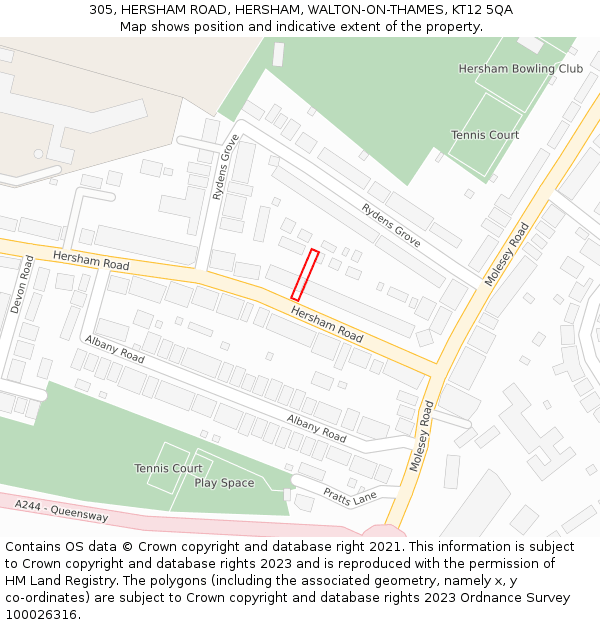 305, HERSHAM ROAD, HERSHAM, WALTON-ON-THAMES, KT12 5QA: Location map and indicative extent of plot