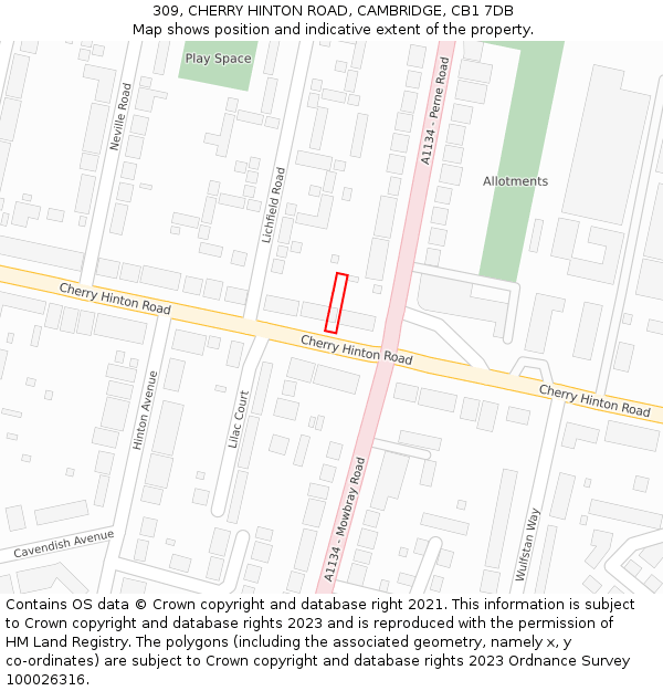 309, CHERRY HINTON ROAD, CAMBRIDGE, CB1 7DB: Location map and indicative extent of plot