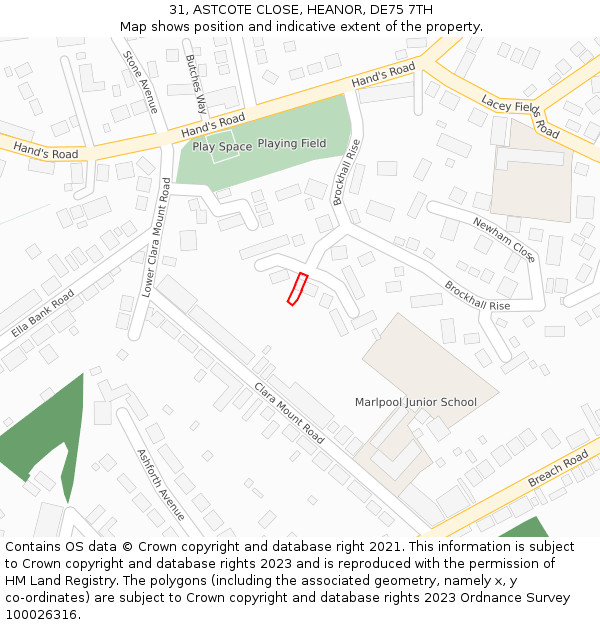 31, ASTCOTE CLOSE, HEANOR, DE75 7TH: Location map and indicative extent of plot