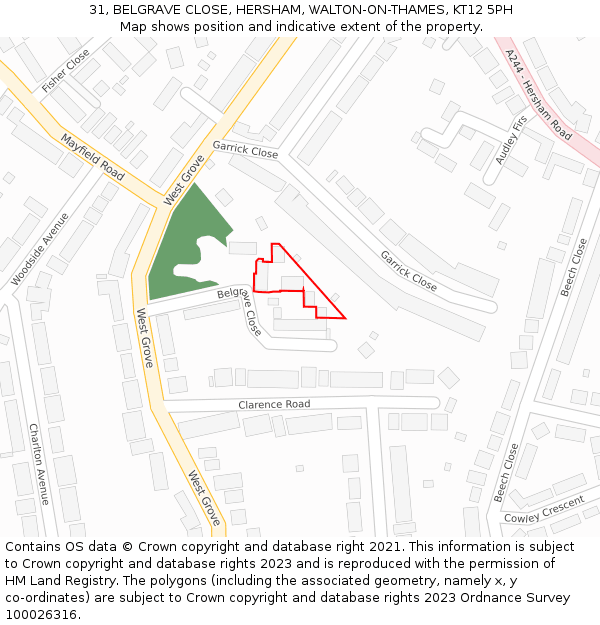 31, BELGRAVE CLOSE, HERSHAM, WALTON-ON-THAMES, KT12 5PH: Location map and indicative extent of plot