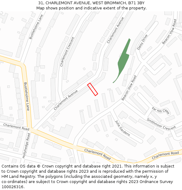 31, CHARLEMONT AVENUE, WEST BROMWICH, B71 3BY: Location map and indicative extent of plot