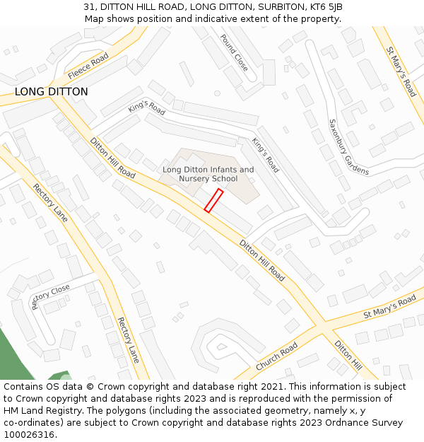 31, DITTON HILL ROAD, LONG DITTON, SURBITON, KT6 5JB: Location map and indicative extent of plot