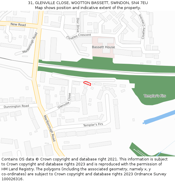 31, GLENVILLE CLOSE, WOOTTON BASSETT, SWINDON, SN4 7EU: Location map and indicative extent of plot