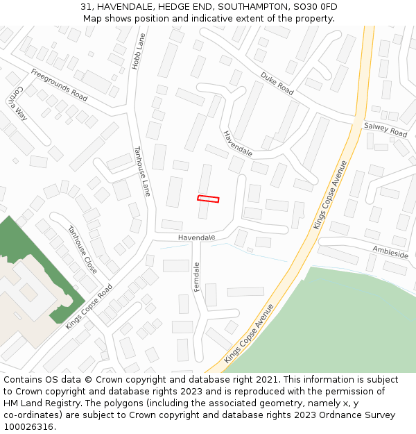 31, HAVENDALE, HEDGE END, SOUTHAMPTON, SO30 0FD: Location map and indicative extent of plot
