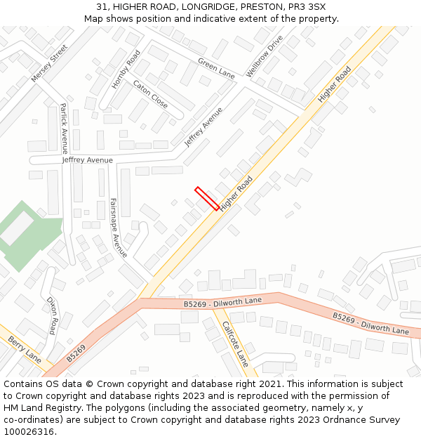 31, HIGHER ROAD, LONGRIDGE, PRESTON, PR3 3SX: Location map and indicative extent of plot