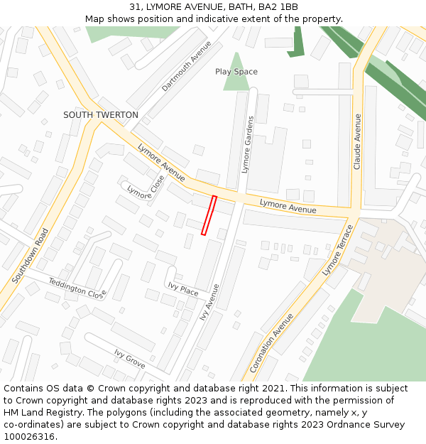 31, LYMORE AVENUE, BATH, BA2 1BB: Location map and indicative extent of plot