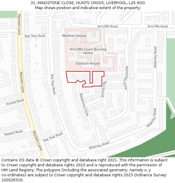 31, MAIDSTONE CLOSE, HUNTS CROSS, LIVERPOOL, L25 9GG: Location map and indicative extent of plot