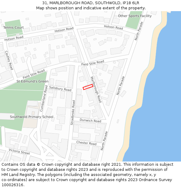 31, MARLBOROUGH ROAD, SOUTHWOLD, IP18 6LR: Location map and indicative extent of plot