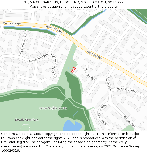 31, MARSH GARDENS, HEDGE END, SOUTHAMPTON, SO30 2XN: Location map and indicative extent of plot