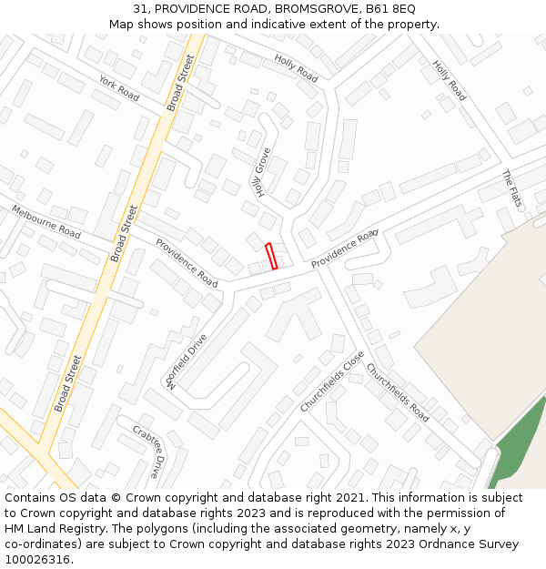 31, PROVIDENCE ROAD, BROMSGROVE, B61 8EQ: Location map and indicative extent of plot