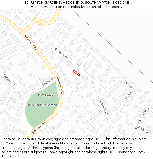 31, REPTON GARDENS, HEDGE END, SOUTHAMPTON, SO30 2AE: Location map and indicative extent of plot