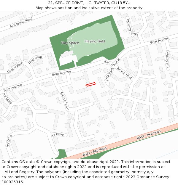 31, SPRUCE DRIVE, LIGHTWATER, GU18 5YU: Location map and indicative extent of plot