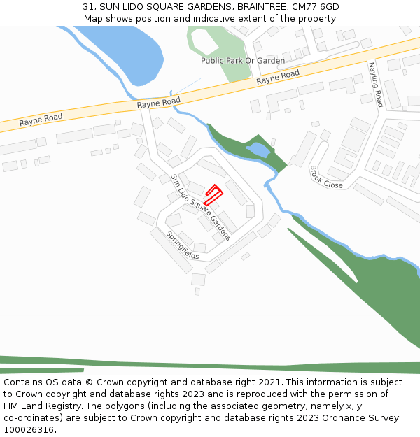 31, SUN LIDO SQUARE GARDENS, BRAINTREE, CM77 6GD: Location map and indicative extent of plot