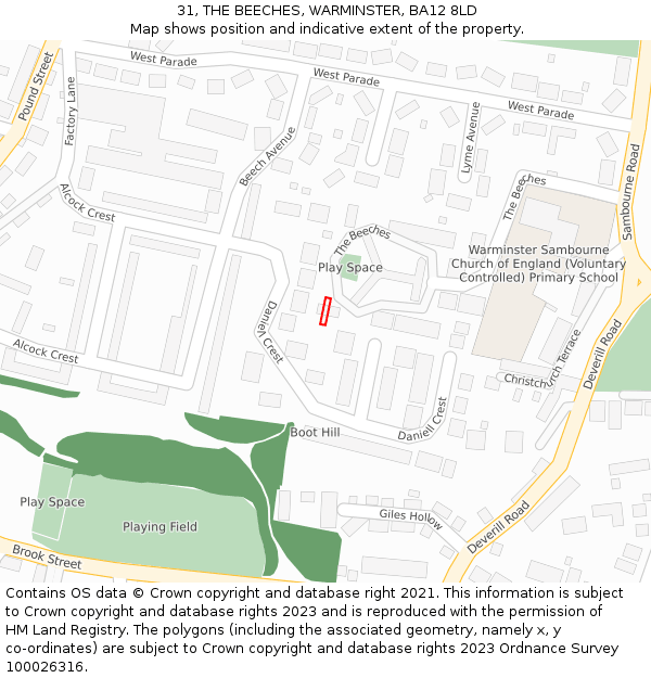 31, THE BEECHES, WARMINSTER, BA12 8LD: Location map and indicative extent of plot