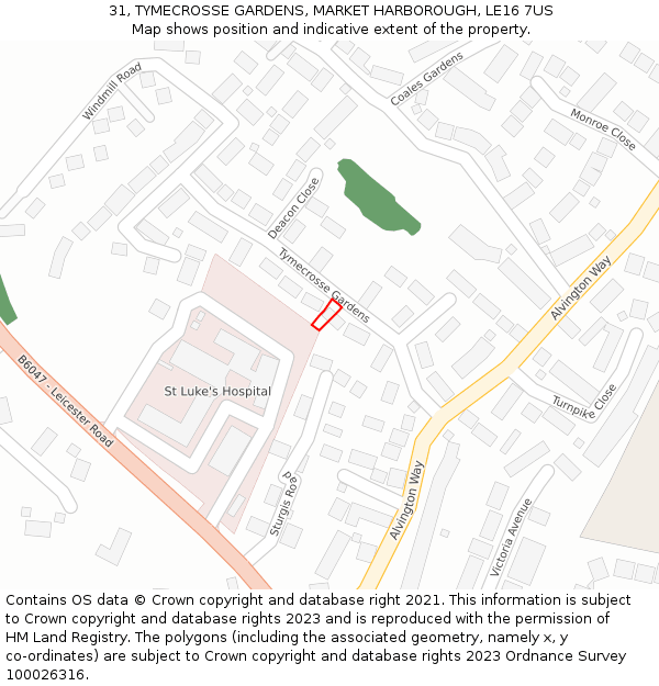 31, TYMECROSSE GARDENS, MARKET HARBOROUGH, LE16 7US: Location map and indicative extent of plot