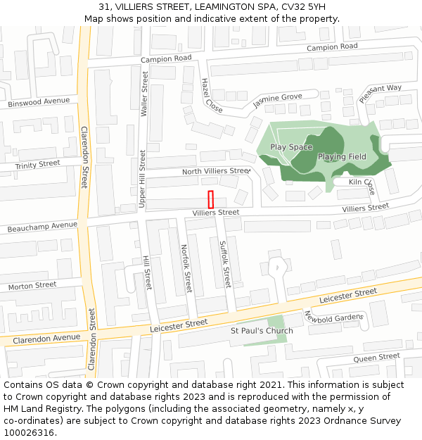 31, VILLIERS STREET, LEAMINGTON SPA, CV32 5YH: Location map and indicative extent of plot