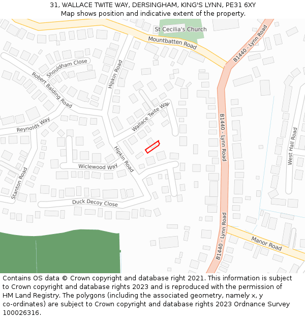 31, WALLACE TWITE WAY, DERSINGHAM, KING'S LYNN, PE31 6XY: Location map and indicative extent of plot