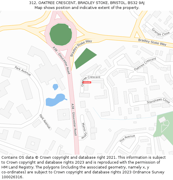 312, OAKTREE CRESCENT, BRADLEY STOKE, BRISTOL, BS32 9AJ: Location map and indicative extent of plot