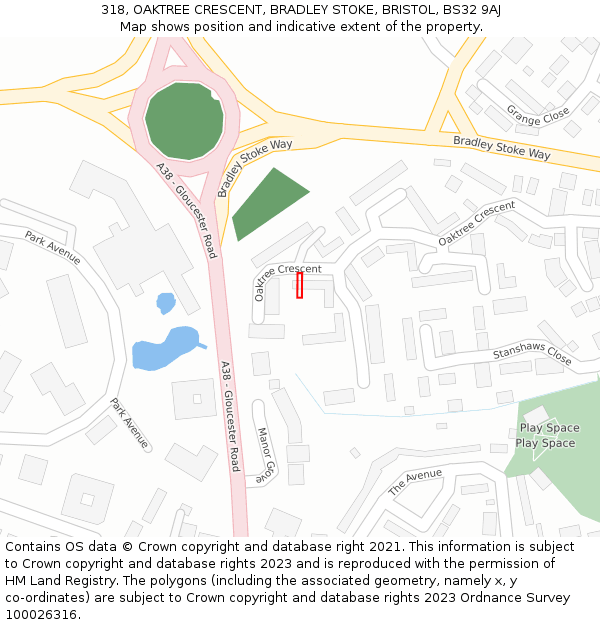 318, OAKTREE CRESCENT, BRADLEY STOKE, BRISTOL, BS32 9AJ: Location map and indicative extent of plot