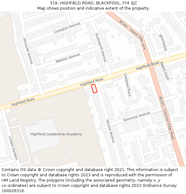 319, HIGHFIELD ROAD, BLACKPOOL, FY4 3JZ: Location map and indicative extent of plot