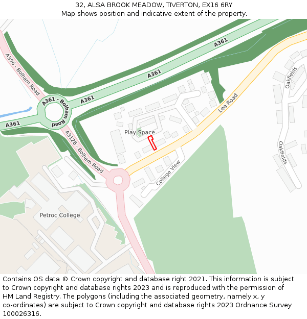 32, ALSA BROOK MEADOW, TIVERTON, EX16 6RY: Location map and indicative extent of plot
