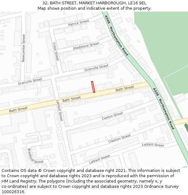 32, BATH STREET, MARKET HARBOROUGH, LE16 9EL: Location map and indicative extent of plot
