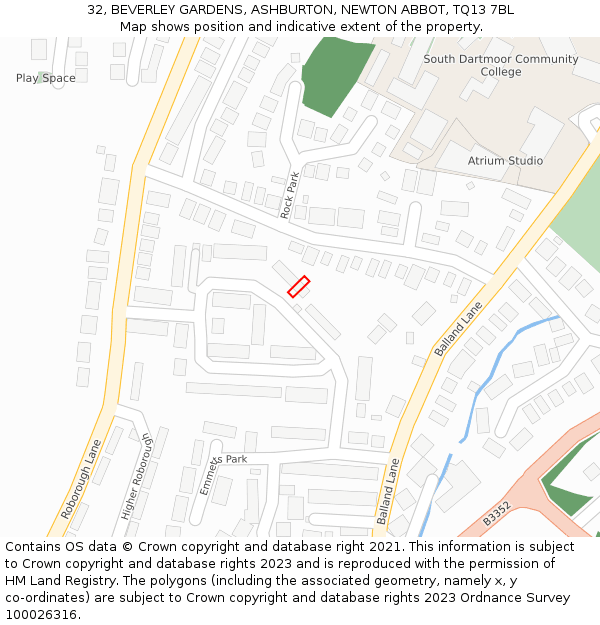 32, BEVERLEY GARDENS, ASHBURTON, NEWTON ABBOT, TQ13 7BL: Location map and indicative extent of plot
