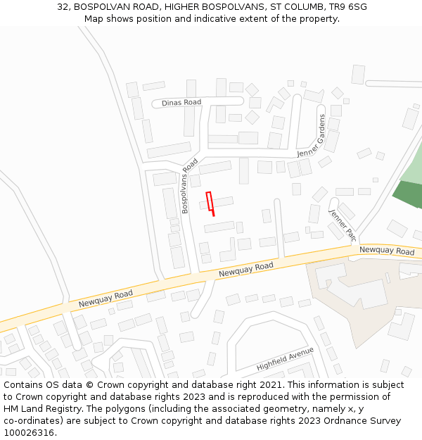 32, BOSPOLVAN ROAD, HIGHER BOSPOLVANS, ST COLUMB, TR9 6SG: Location map and indicative extent of plot