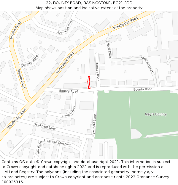 32, BOUNTY ROAD, BASINGSTOKE, RG21 3DD: Location map and indicative extent of plot