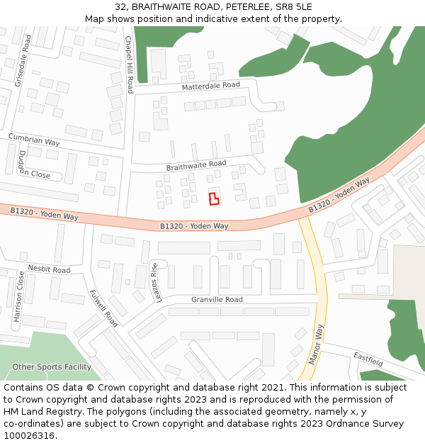 32, BRAITHWAITE ROAD, PETERLEE, SR8 5LE: Location map and indicative extent of plot