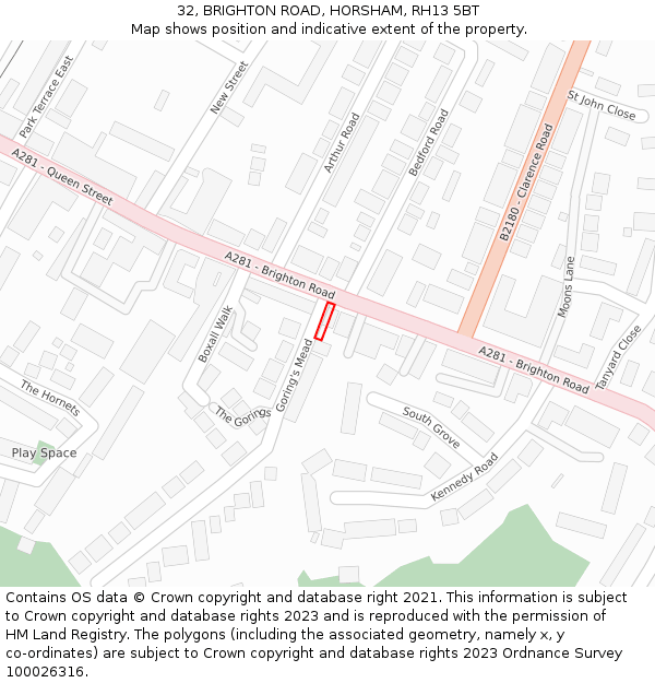 32, BRIGHTON ROAD, HORSHAM, RH13 5BT: Location map and indicative extent of plot