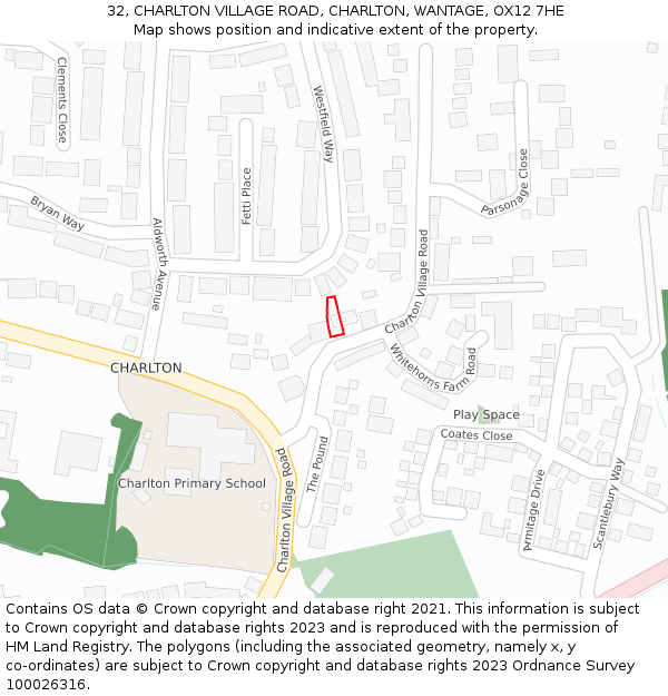 32, CHARLTON VILLAGE ROAD, CHARLTON, WANTAGE, OX12 7HE: Location map and indicative extent of plot