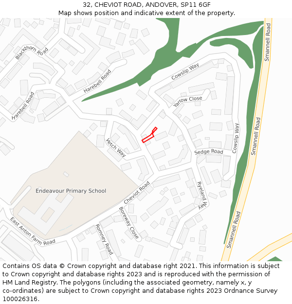 32, CHEVIOT ROAD, ANDOVER, SP11 6GF: Location map and indicative extent of plot