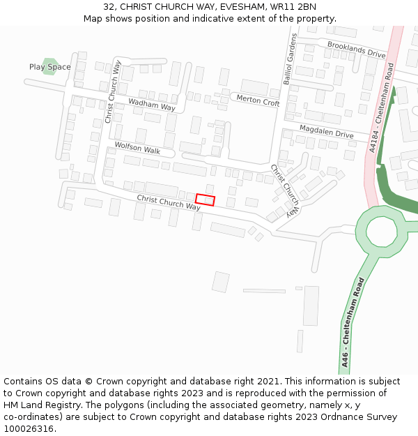 32, CHRIST CHURCH WAY, EVESHAM, WR11 2BN: Location map and indicative extent of plot