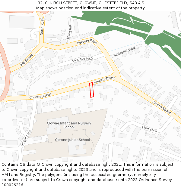 32, CHURCH STREET, CLOWNE, CHESTERFIELD, S43 4JS: Location map and indicative extent of plot