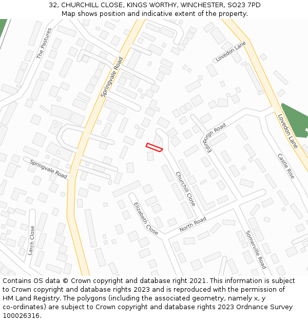 32, CHURCHILL CLOSE, KINGS WORTHY, WINCHESTER, SO23 7PD: Location map and indicative extent of plot